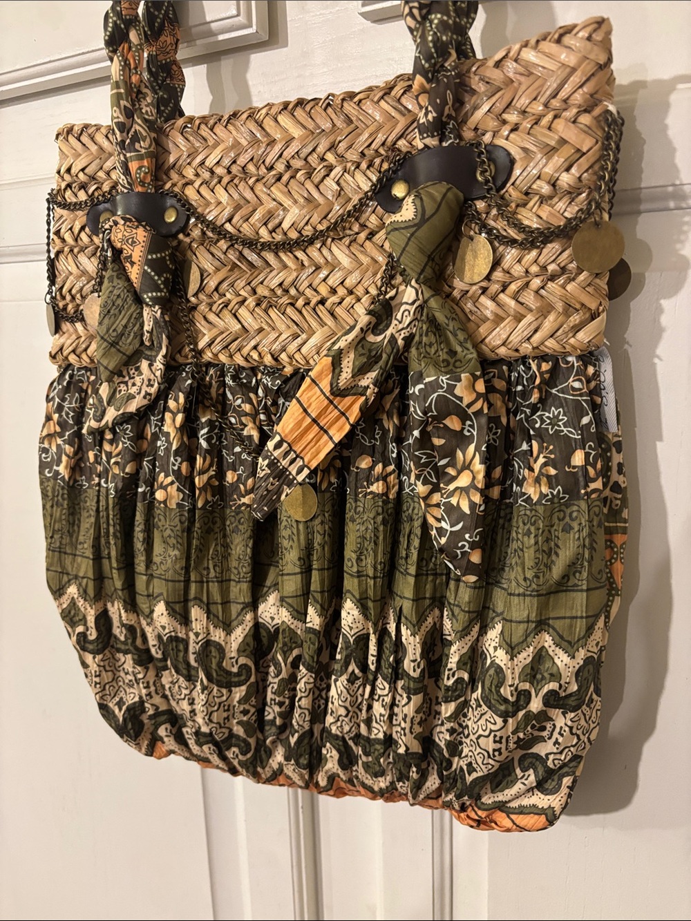 Sun N Sand like new Woven Straw and Olive Green Patterned Handbag - Picture 2 of 9